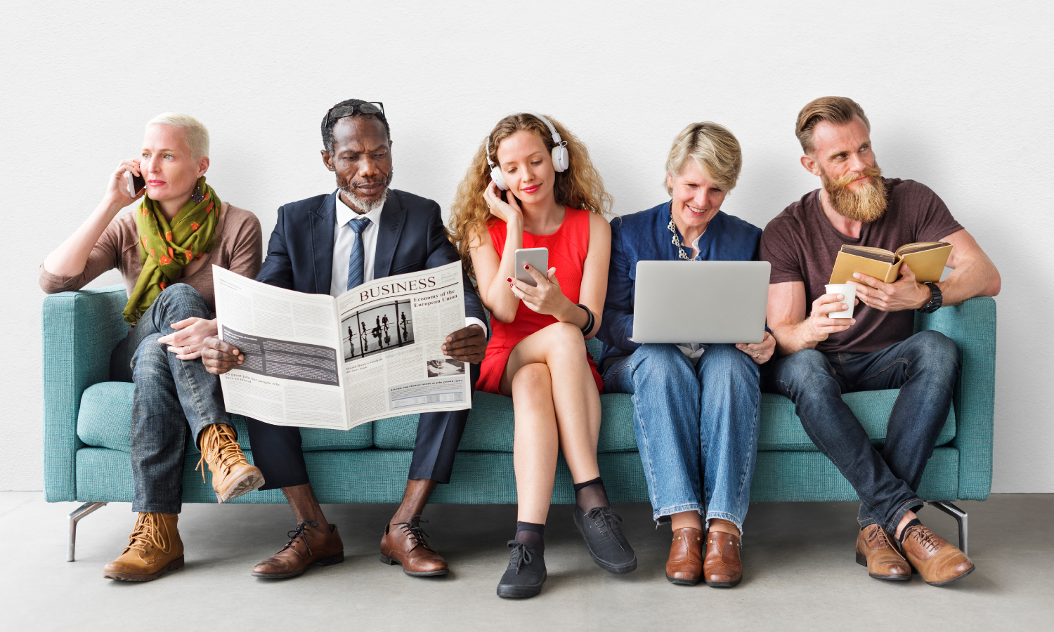 Five people sat on a sofa