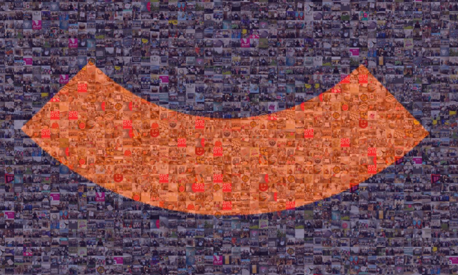 A mosaic of images arranged into a orange smile shaped graphic against a dark purple background